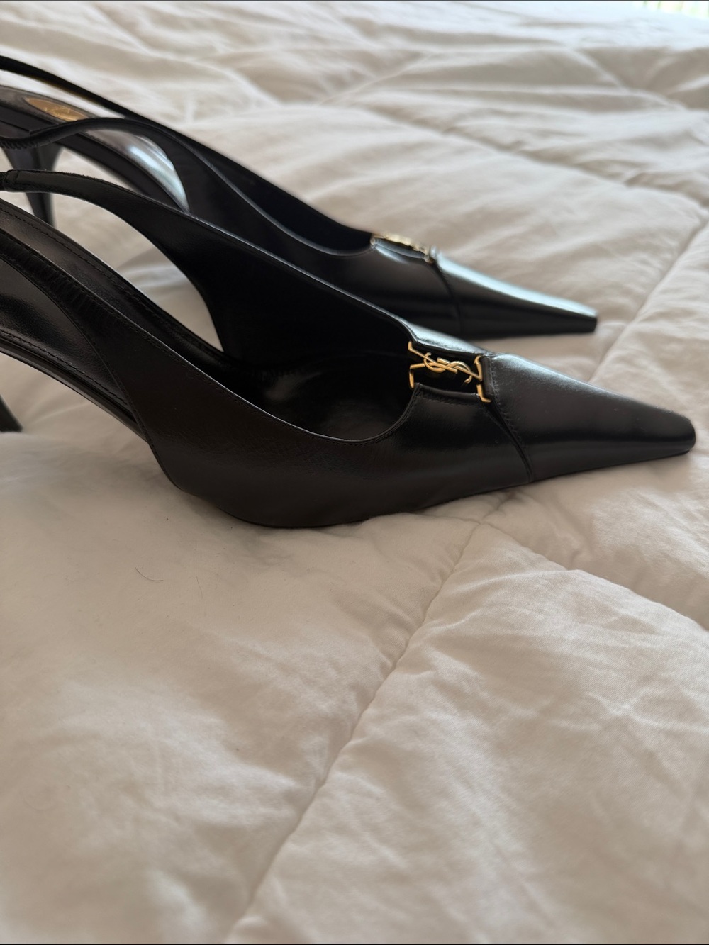 Saint Laurent Black Leather Pointed Slingback Pumps with Gold YSL Charm - Picture 3 of 7